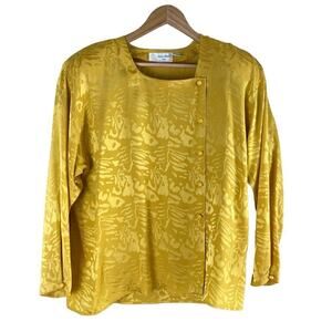 Vintage Nina Ricci 100% Silk Jacquard Long Sleeve‎ Blouse in Yellow, Size 8